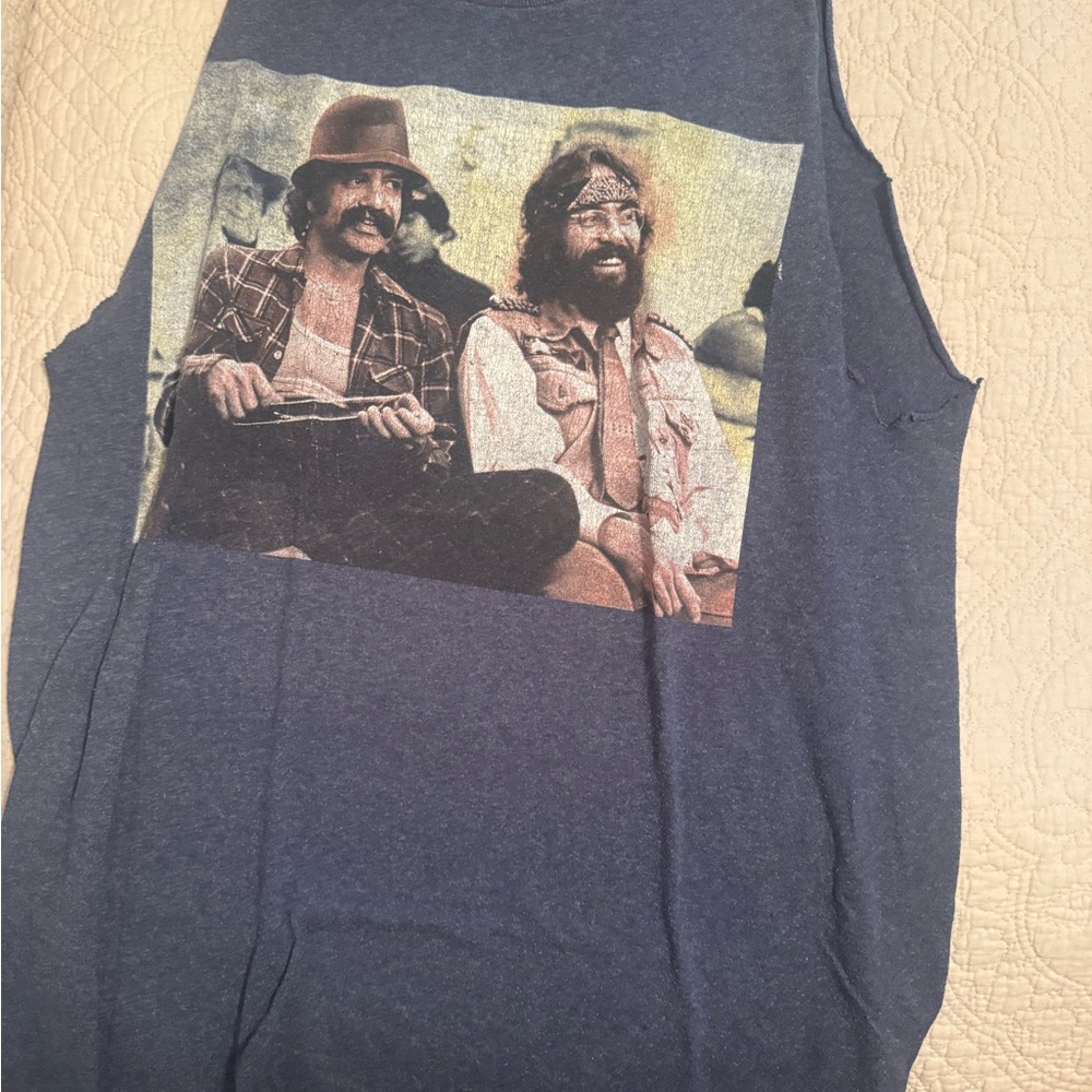 Cheech and Chong Vintage-Style Graphic Muscle Tank in Navy with Retro Band Image